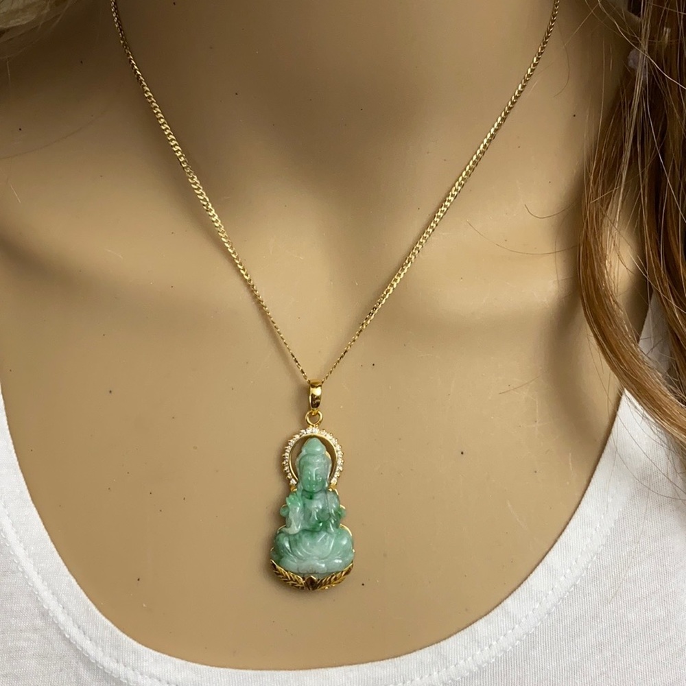 Real Gold Diamond Jade KwanYin Quan Buddha Pendant